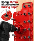 Rugged Two In One Shelf Pin And 35mm Hinge Jig Kit With Premium Drill Bits for adjustable drilling depth and precision setup.