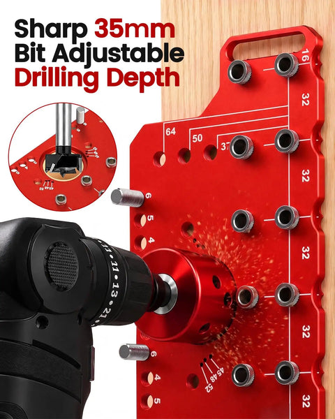 Rugged Two In One Shelf Pin And 35mm Hinge Jig Kit With Premium Drill Bits for adjustable drilling depth and precision setup.