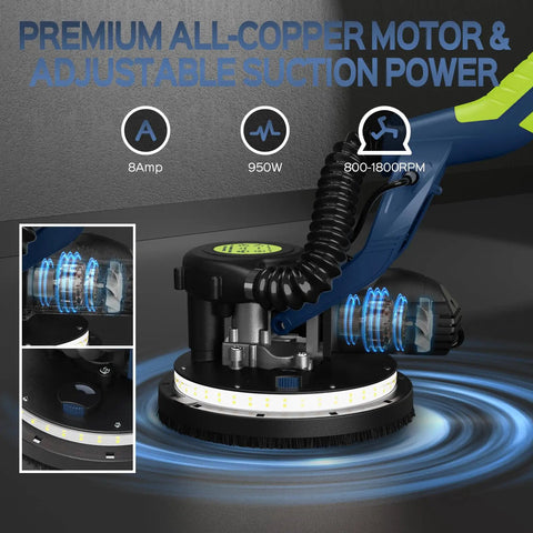 Drywall Sander With 8 Amp Copper Motor, Heavy Duty Pro Grade DIY Tool, showing motor details and LED light