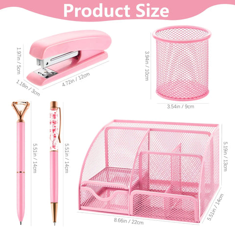 Must Have 11 Pcs Pink Office Supplies Set With Desk Organizer, Stapler, Pencil Holder, and Pen