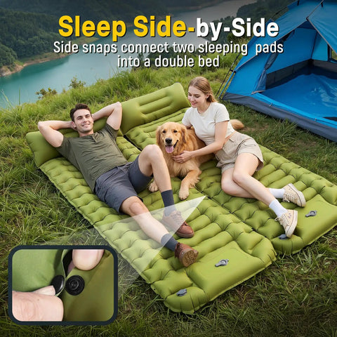 Couple with dog on connected Ultralight Camping Pad With Built In Pump Waterproof Air Mattress for Backpacking and Hiking.
