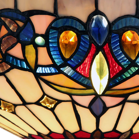 Serenity Tiffany-Style Dark Bronze 2 Light Semi-Flush Ceiling Fixture stained glass detail with vibrant colors