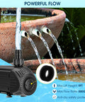 Submersible Water Pump 880GPH 60W Ultra Quiet Fountain Pump With Dry Burn Protection 9Ft Lift For Fish Ponds Fountains Waterfalls Hydroponics Aquariums KF206 next to a flowing garden fountain with emphasized powerful flow.