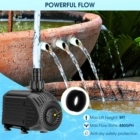 Submersible Water Pump 880GPH 60W Ultra Quiet Fountain Pump With Dry Burn Protection 9Ft Lift For Fish Ponds Fountains Waterfalls Hydroponics Aquariums KF206 next to a flowing garden fountain with emphasized powerful flow.