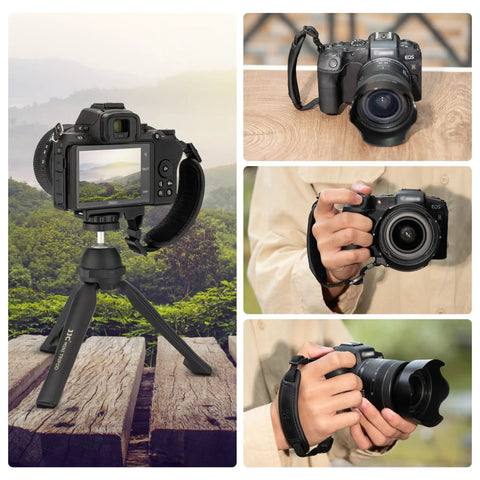 Collage featuring Universal Camera Hand Grip Strap for Canon EOS R8 R10 R7 R5 R6 with cushioned grip on DSLR and mirrorless cameras