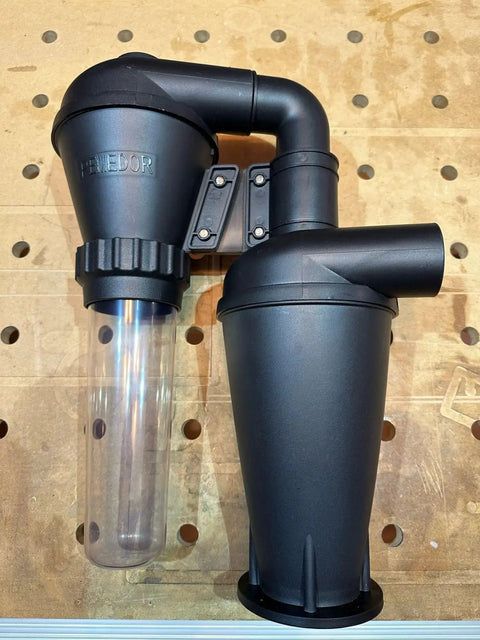 Double Filtration Cyclone Dust Collector for Woodworking, 2 Inch OD DIY Turbocharged Filter System on a workshop table