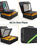Built Tough Fireproof Document Organizer With Lock, 5200 Fahrenheit Heat Insulation, Waterproof Safe Box open with documents inside and closed view displayed.