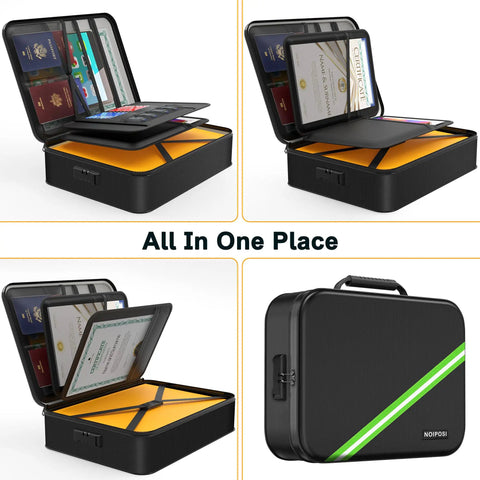 Built Tough Fireproof Document Organizer With Lock, 5200 Fahrenheit Heat Insulation, Waterproof Safe Box open with documents inside and closed view displayed.