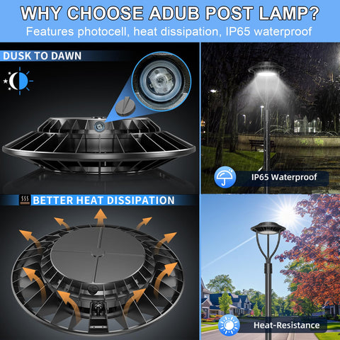 LED Post Light With Adjustable Wattage 60W 48W 36W ETL 5000K Photocell IP65 Outdoor Pole Lighting For Commercial Streets Areas