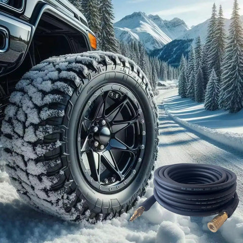 Hybrid Air Hose 1/4 Inch By 25 Feet, Lightweight Yet Tough As Nails, shown coiled near a rugged vehicle tire in snowy landscape