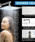 Matte Black Shower Faucet Set With Rain Shower System And 12 Inch LED Square Shower Head Easy Install Durable Mixer showing woman showering