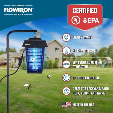 Outdoor Bug Zapper For 1 Acre Coverage With Powerful 40W Bulb And 5600V Instant Kill Grid displayed outdoors with features.