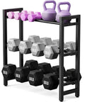 Heavy Duty 3 Tier Dumbbell Rack For Home Gym Featuring Adjustable Width Shelves Holds Up To 390 Pounds with kettlebells and hex weights.