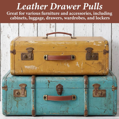Vintage suitcases with brown PU leather drawer pulls set with pre-drilled holes, suitable for luggage and trunks.
