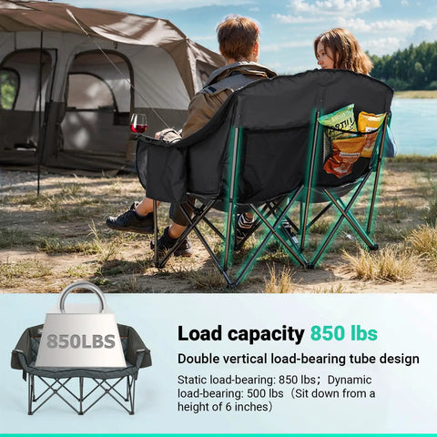 Oversized Double Camping Chair With Portable Folding Frame And Built In Cooler Bag For Two at a campground near a tent