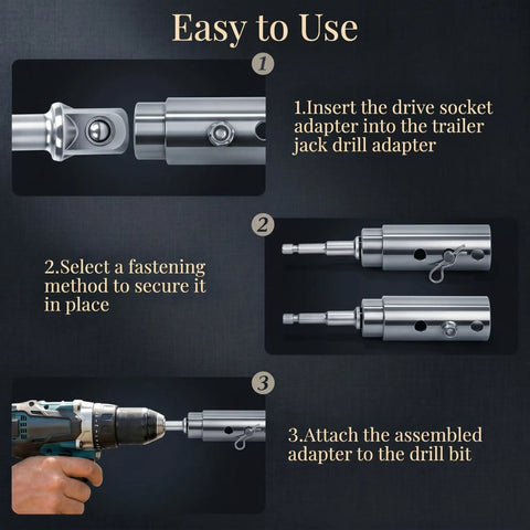 Heavy Duty Trailer Jack Drill Adapter For One Inch Shaft Shanks Premium Stainless Steel Build steps for easy use with cordless drill.