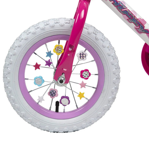 Flower And Star Bike Spoke Decorations Kit, 24 Colorful Snap On Spokes on kid's white bike wheel with pink accents