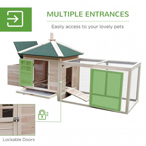 No Sweat Wooden Chicken Coop With Hinged Nesting Box And Removable Egg Tray Featuring Asphalt Roof Fir Wood Walls And Screened Ventilation Setup For Your Backyard Flocks with multiple lockable entrances.