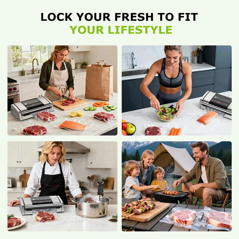 Pro Grade Heavy Duty Food Vacuum Sealer With Easy Lock Handle Built In Cutter And Bag Clip Storage in various kitchen and outdoor settings