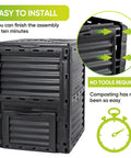 80 Gallon Outdoor Compost Bin With BPA Free Material Easy Assemble Large Capacity Garden Compost Box Fast 6 To 8 Week Fertile Soil Creation Lightweight Black, front and side view showing easy assembly features