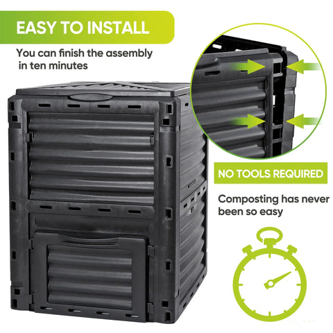 80 Gallon Outdoor Compost Bin With BPA Free Material Easy Assemble Large Capacity Garden Compost Box Fast 6 To 8 Week Fertile Soil Creation Lightweight Black, front and side view showing easy assembly features