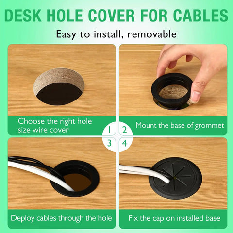 Top Tier White Desk Grommet 2 Pack No Fuss Cable Hole Cover For Office Setup 2 Inch Cord Organizer shown in installation steps.