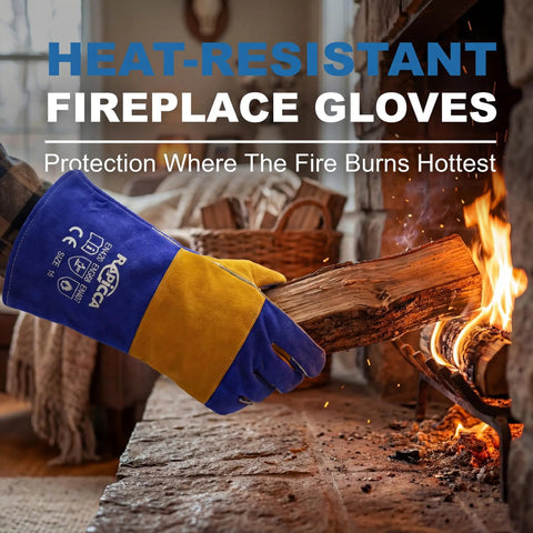 Blue 16 Inch Welding Gloves Fire Resistant Leather With Double Layer Padding For Stick Welders MIG Flux Core Forge Blacksmith Fireplace Wood Stove Fire Pit Grill Oven Furnace Handling Heavy Duty Materials in use.