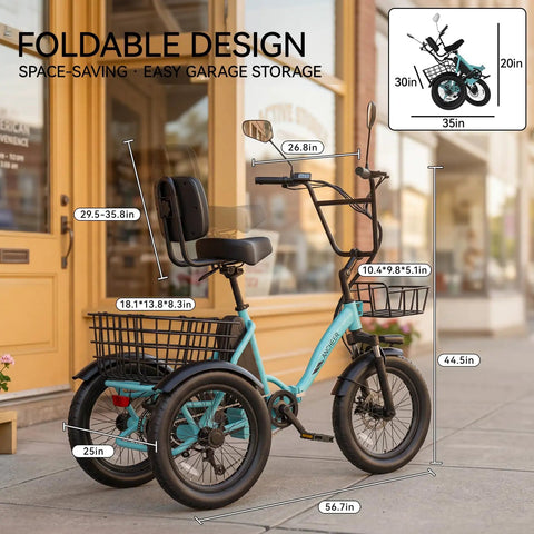 Electric Tricycle For Adults Folding Fat Tire 3 Wheel E Trike With 500W Motor Removable 48V 10.4Ah Battery step-through frame with front and rear baskets
