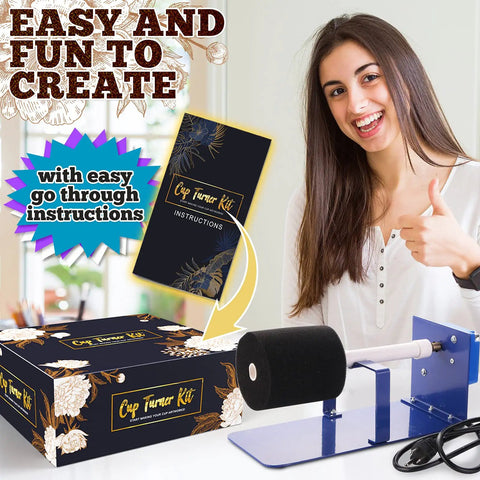 Cup Turner Kit With Epoxy Resin For Beginners Starter Friendly Tumbler Art DIY Bundle displayed with instructions and turner