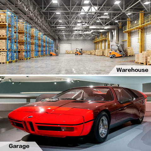Warehouse with forklifts and storage racks; bright red car displayed in a garage. Ideal spaces for 2 Pack 40W LED Corn Light Bulbs 4000 Lumens 6500K Cool White Daylight E26 E27 Base Indoor Outdoor Use Energy Saving High Brightness LED Corn Lamps For Warehouse Garage Basement Backyard Factory Barn And More.