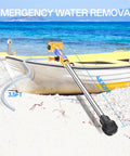 Cordless Stick Water Transfer Pump On The Go With 720GPH Output 32 Foot Head Three Quarter Inch Outlet Battery Powered 20V Max next to a boat on a beach