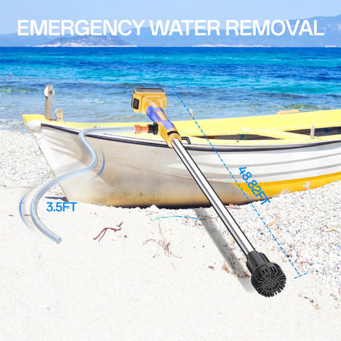Cordless Stick Water Transfer Pump On The Go With 720GPH Output 32 Foot Head Three Quarter Inch Outlet Battery Powered 20V Max next to a boat on a beach