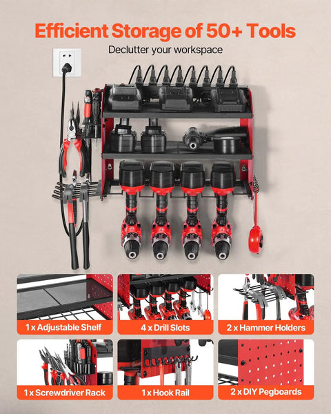 Wall mounted Power Tool Organizer With Charging Station And 3 Tier Drill Storage, Four Drill Slots And Side Pegboard, Built In Eight Outlet Power Strip For Garage Workbench And Workshop.