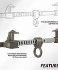 Smooth Aluminum Sliding Beam Anchor For I Beam Featuring 360 Rotating D Ring And Built Tough Nylon Rollers showing clamp and ring features.