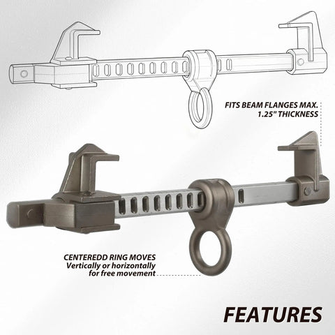 Smooth Aluminum Sliding Beam Anchor For I Beam Featuring 360 Rotating D Ring And Built Tough Nylon Rollers showing clamp and ring features.