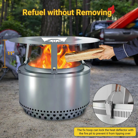Upgraded Heat Deflector For Solo Stove Yukon 27 Inch 304 stainless steel diffuser with detachable legs in use over fire pit