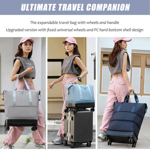 Three-view collage of wheeled duffle luggage: grey duffle, light-blue foldable bag on a suitcase, and navy rolling bag (Amazon)