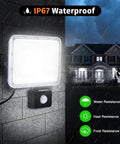 50W Led Security Light with Motion Sensor, Pir Flood Light Ip67 Waterproof mounted on a wall during rain.