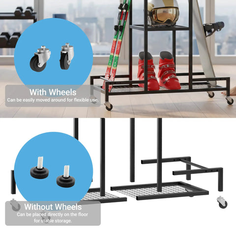 Floor Standing Ski And Snowboard Rack With 3 Tier Shelf Holds Boots Helmets And Packs Drill Free Mount No Sweat Setup Keeps Your Entire Winter Shred Collection Organized