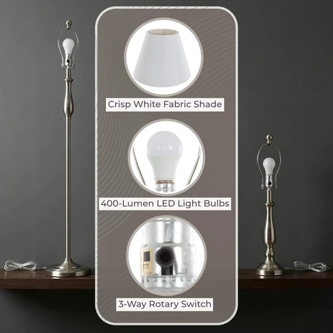 3-Piece Home Lighting Set With Two Table Lamps And One Floor Lamp In Silver Finish, white shades, LED bulbs, rotary switch