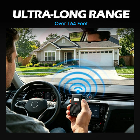 Driver using Delta 3 Garage Door Remote Replacement 310MHz With 8 Dip Switches showing 164 ft range to open garage door