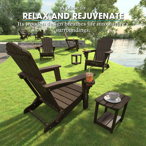 Set Of 2 Folding Adirondack Chairs With Cup Holder HDPE Wood Grain Finish All Weather Outdoor Patio Chairs For Deck Backyard Garden Lawn Brown Built To Last