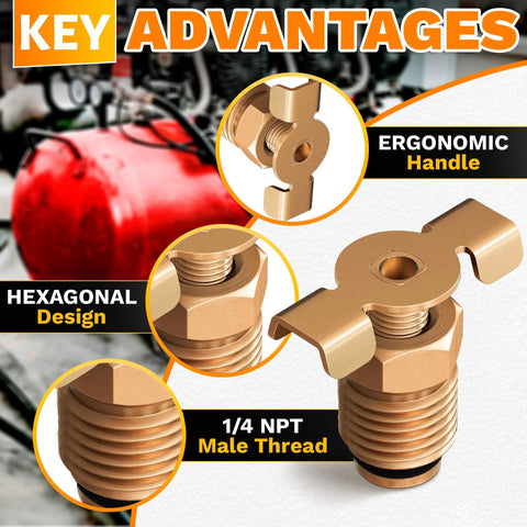 1/4 NPT Brass Air Compressor Drain Valve With Hand Turn Handle Moisture Drain Petcock shown with ergonomic design and hexagonal features