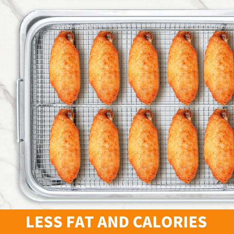 Stainless Steel Air Fryer Basket and Crisper Tray 13x9.6 Inch 2-Piece Set for Oven Toaster Oven Convection Cooking Baking Cooling Must-Have Fries Bacon Chicken For Home Chefs shown cooking chicken wings.