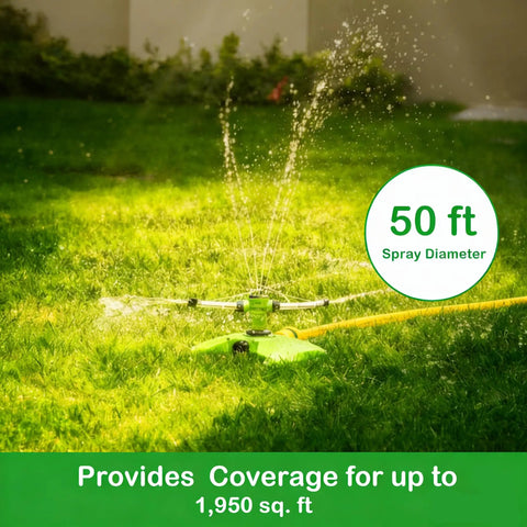 Heavy Duty Two Arm Sprinkler With Brass Nozzle For Big Yards And Gardens 360 Degree Automatic Rotary Lawn Irrigation System with 50 ft spray diameter on grass