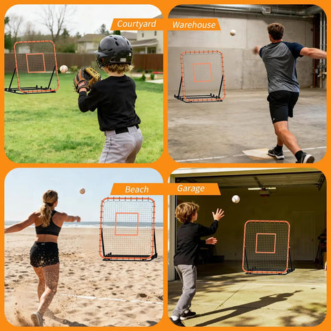 Portable Baseball Rebounder Net For Quick Pro Grade Returns With Four Adjustable Angles For Ground Balls, Fly Balls, Fastballs And More, 4 By 4.5 Ft Practice Tool For Baseball And Softball Training, Orange.
