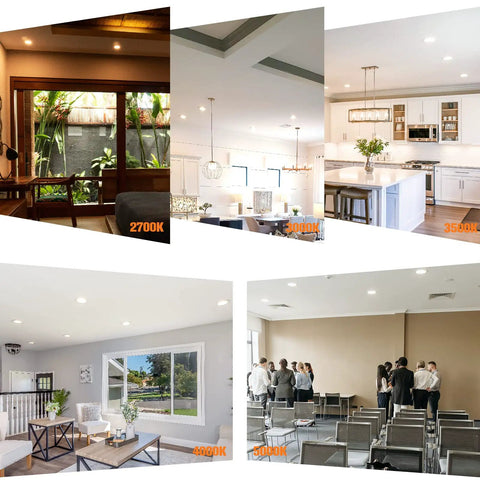 Ultra Thin 6 Inch Recessed LED Lights With Junction Box 12W 100W Equivalent 5CCT 2700K-5000K in various room settings