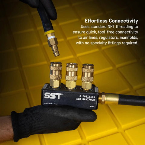 Air Manifold With 1/2 NPT Inlet And 1/4 NPT Outlet, multi port distribution for air compressors, five position, tool-free connections