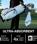 Game Changing Magnetic Microfiber Golf Towel That Snaps Onto Carts Or Wedges For Quick Drying And Divot Fixes While You Crush Drives On The Fairways In Midnight Blue shown on a golf bag, highlighting its premium microfiber material.