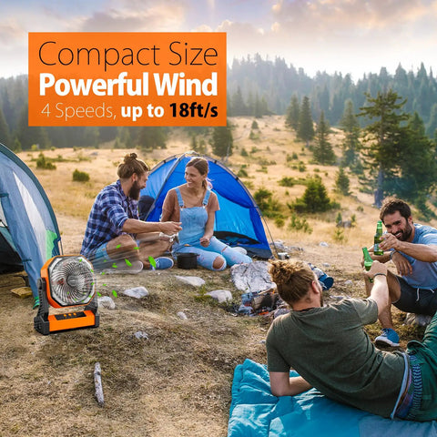 Group camping with All Day Camping Fan With 20000mAh Battery, 58 Hour Run Time, Rechargeable Portable Fan And 400 Lumens Light